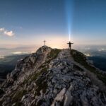 mountains, man, cross, stars, starry sky, universe, night sky, sky, galaxy, astronomy, space, science, shooting star, nature, evening, milky way, flashlight, headlamp, summit, long exposure