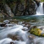 Tranquil waterfall cascading through mossy rocks in a lush forest setting. Perfect for nature lovers.