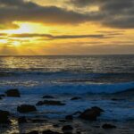 a rocky beach with a sunset