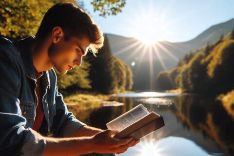 ai generated, man, bible, christian, christianity, religion, religious, nature, reading, study, studying, read, lake