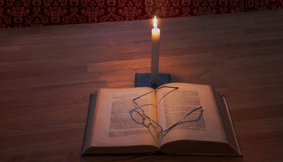training, to study, glasses, a book, letters, candle, reading, to learn, read, light, glow of light, table, warmth, bible, candle, bible, bible, bible, bible, bible