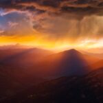 mountains, sunset, storm, weather, clouds, ray, darling, rain, lighting, nature, landscape