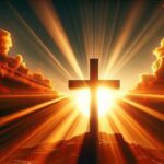 Križ obasjan snažnim zlatnim svjetlom u trenutku izlaska ili zalaska sunca, s dramatičnim zrakama koje simboliziraju pobjedu Krista i uskrsnuće.