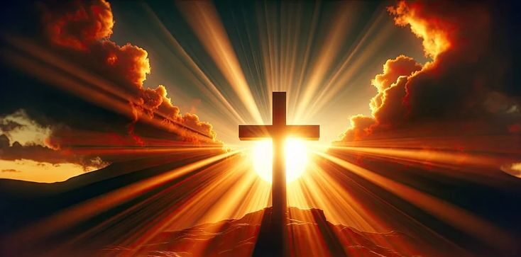 Križ obasjan snažnim zlatnim svjetlom u trenutku izlaska ili zalaska sunca, s dramatičnim zrakama koje simboliziraju pobjedu Krista i uskrsnuće.