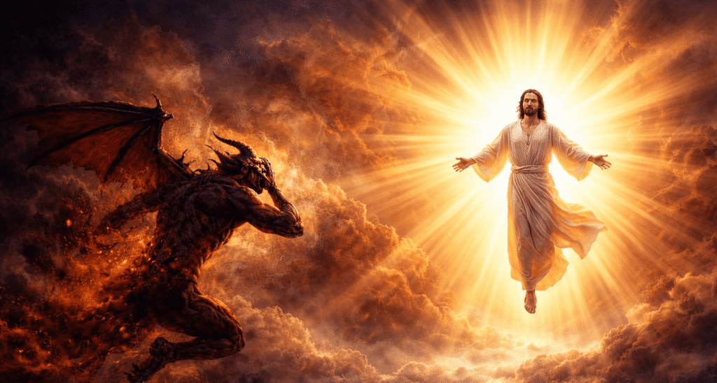 Isus u snažnom svjetlu dok sotona bježi pred Njegovom pobjedom