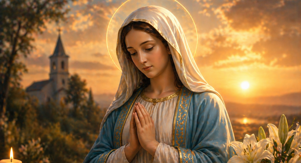 Blažena Djevica Marija s rukama sklopljenima u molitvi, okružena svjetlom i nebeskim sjajem