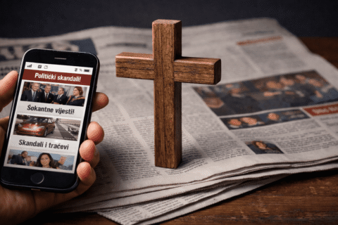 križ na novinama i mobitel kao simbol vjere i medija