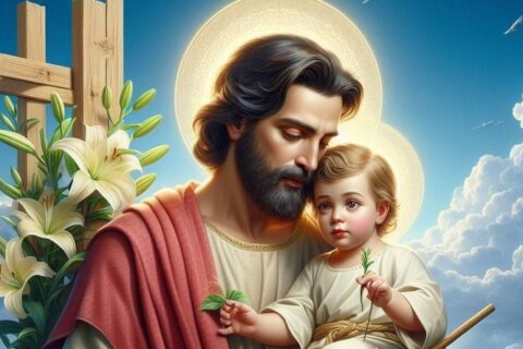 Sveti Josip drži dijete Isusa uz simbol ljiljana i križa