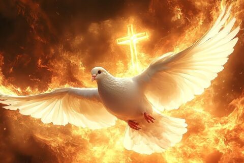Duh Sveti u obliku bijele golubice iznad vatre i križa, simbol Božje snage i prisutnosti