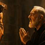 Sveti Padre Pio kleči u molitvi pred raspelom u tamnoj kapelici osvijetljenoj svijećama.