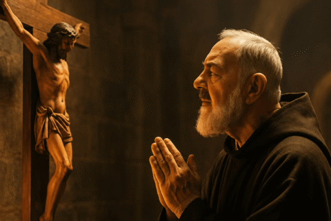 Padre Pio preporučivao je ove kratke molitve Sveti Padre Pio kleči u molitvi pred raspelom u tamnoj kapelici osvijetljenoj svijećama.