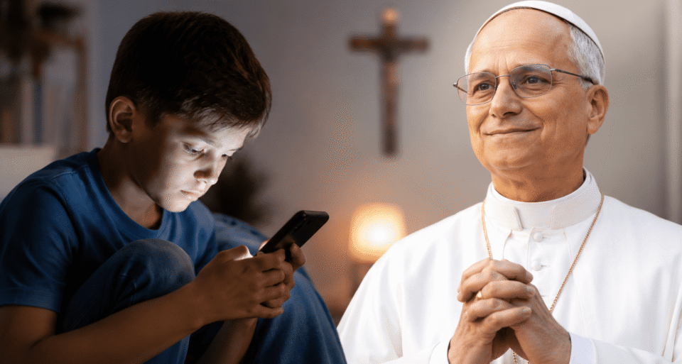 Dijete koristi mobitel dok Papa Lav XIV upozorava na opasnosti tehnologije.
