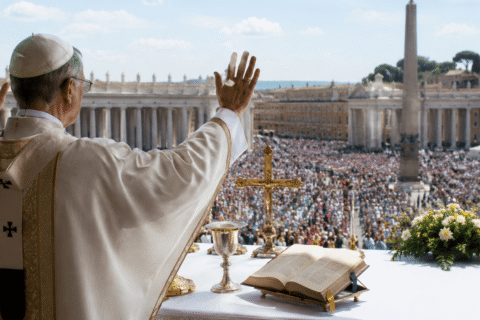 Papa Lav XIV pozvao karizmatike na služenje Crkvi Papa blagoslivlja okupljene vjernike dok pred njim stoje otvorena Biblija i križ tijekom velikog liturgijskog slavlja