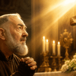 Sv. Padre Pio kleči u molitvi pred raspelom dok zlatna svjetlost obasjava crkvu i stvara mirnu duhovnu atmosferu.