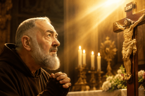 Molitva sv. Padre Pija kada tražite pomoć i mir Sv. Padre Pio kleči u molitvi pred raspelom dok zlatna svjetlost obasjava crkvu i stvara mirnu duhovnu atmosferu.