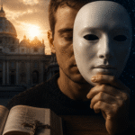 Prikaz umjetne inteligencije i ljudskog identiteta uz Vatikan, masku i otvorenu Bibliju