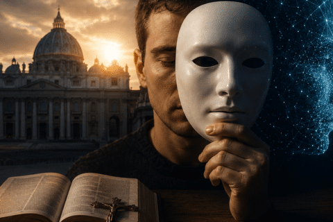 Vatikan upozorava na opasnosti AI deepfakeova Prikaz umjetne inteligencije i ljudskog identiteta uz Vatikan, masku i otvorenu Bibliju