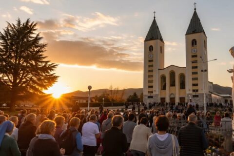 Slijepa djevojka iz Italije svjedoči o ozdravljenju u Međugorju Hodočasnici okupljeni u molitvi ispred crkve sv. Jakova i Gospina kipa u Međugorju tijekom zalaska sunca