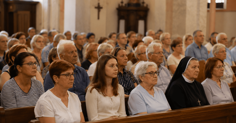 Vjernici sjede u crkvenim klupama tijekom svete mise i pažljivo slušaju propovijed u ozračju molitve i sabranosti.