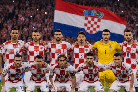 Nova navijačka pjesma za Vatrene: Hrvatska i nitko više Hrvatska nogometna reprezentacija pozira na stadionu ispred velike hrvatske zastave dok navijači u pozadini pružaju podršku Vatrenima.