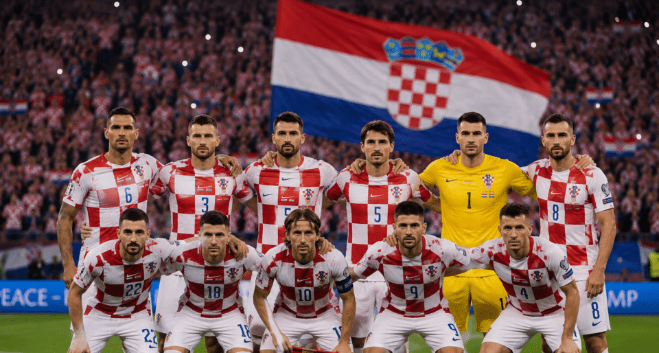 Hrvatska nogometna reprezentacija pozira na stadionu ispred velike hrvatske zastave dok navijači u pozadini pružaju podršku Vatrenima.