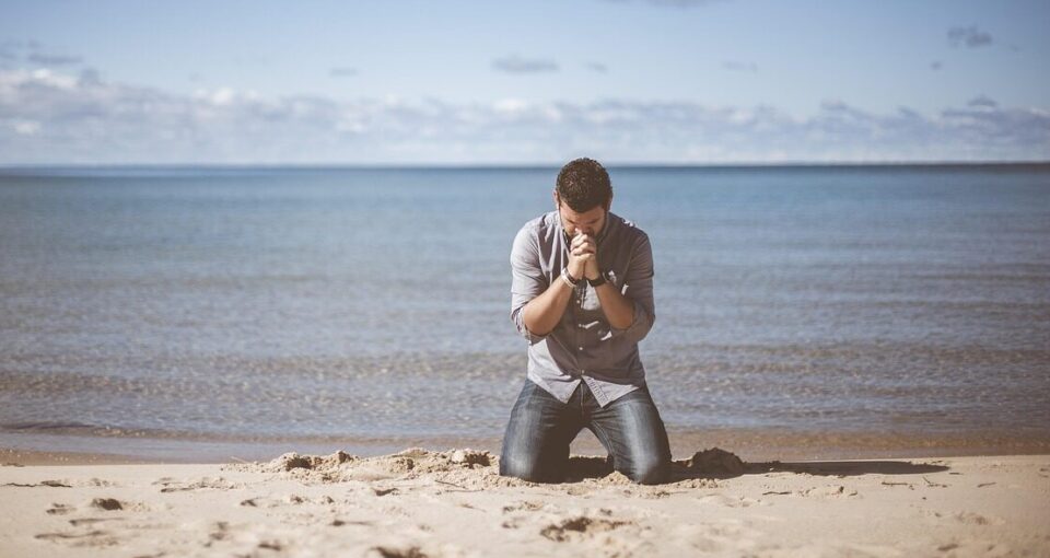 beach, idyllic, man, ocean, peaceful, person, praying, sand, sea, seashore, nature, seaside, shadow, sky, water, kneeling, begging, blue sky, blue beach, blue water, blue sea, blue ocean, blue pray, blue peace, blue sand