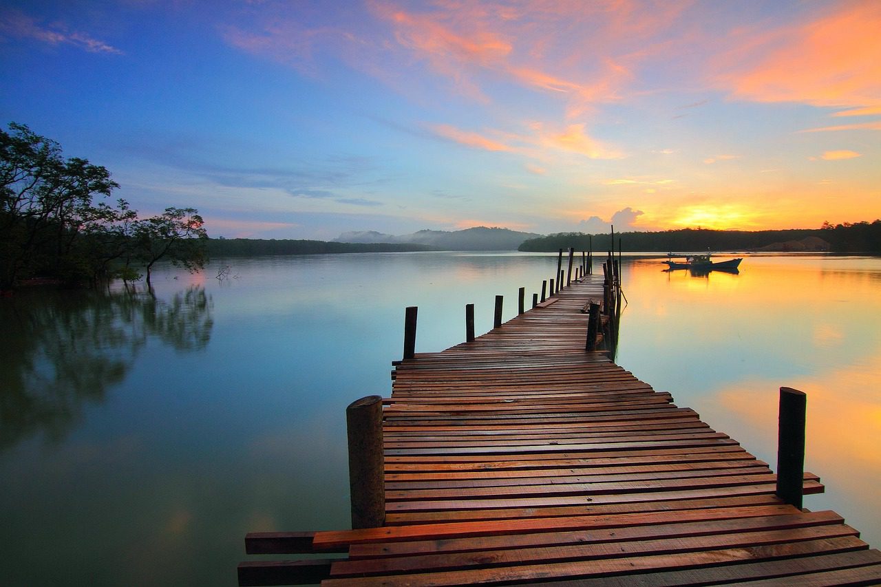 sunrise, jetty, lake, pier, sky, horizon, sunset, dusk, dawn, twilight, boardwalk, wooden planks, water, calm waters, water reflection, nature, reflection