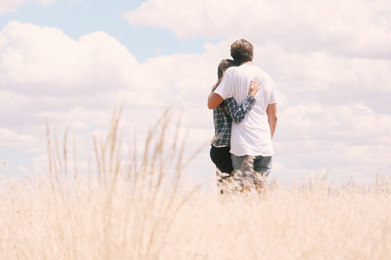 couple, hugging, outdoors, grass, people, nature, love, hug, man and woman