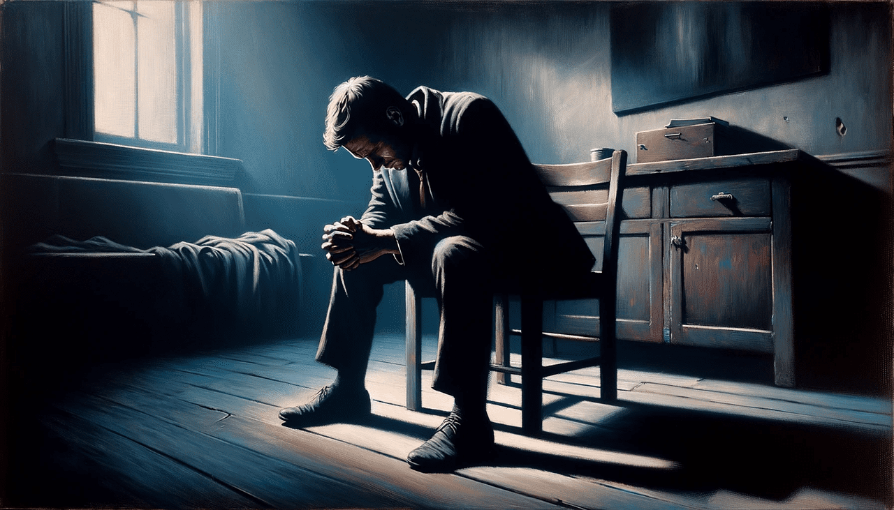ai generated, prayer, darkness, seeking hope, inner struggles, depress mind, depression, psychology, frustration, sitting in silences, anxious thoughts, room of reflection, in search of peace, prayer, prayer, depression, depression, frustration, frustration, frustration, frustration, frustration