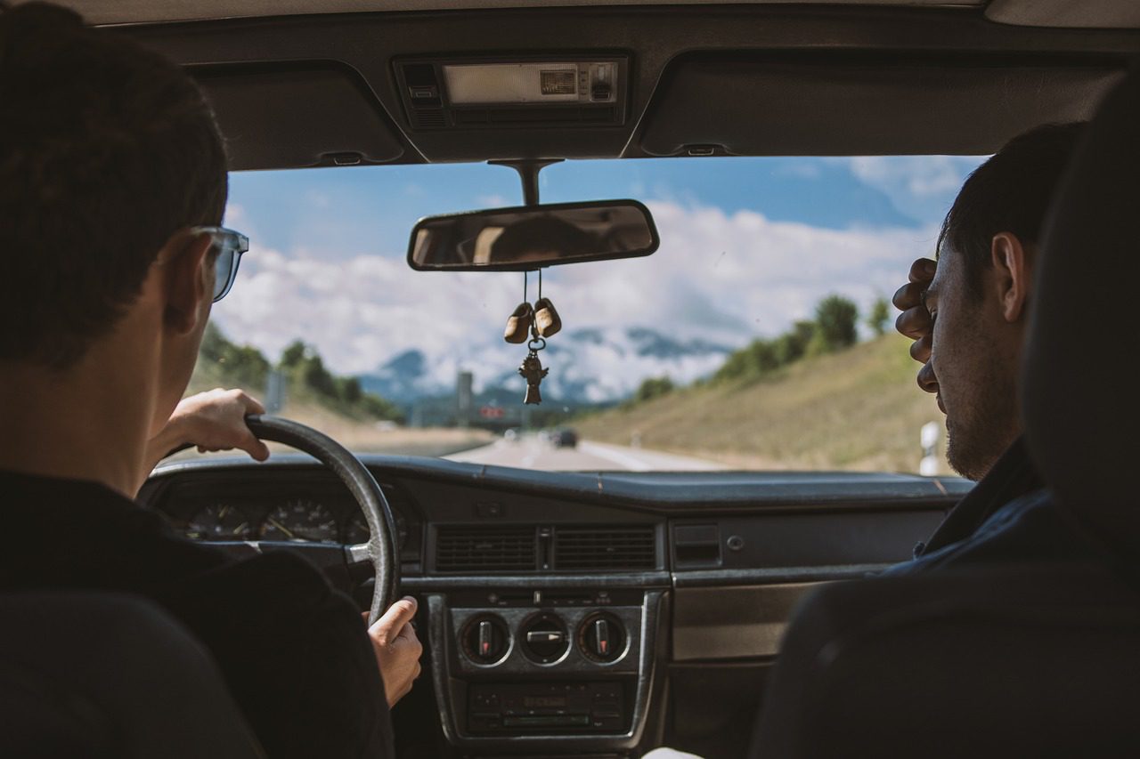 driving, nature, friends, roadtrip, car wallpapers, car, mountains, mirror, freedom, oldtimer, brown mirror