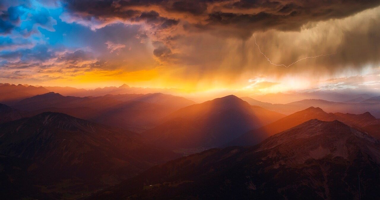 mountains, sunset, storm, weather, clouds, ray, darling, rain, lighting, nature, landscape