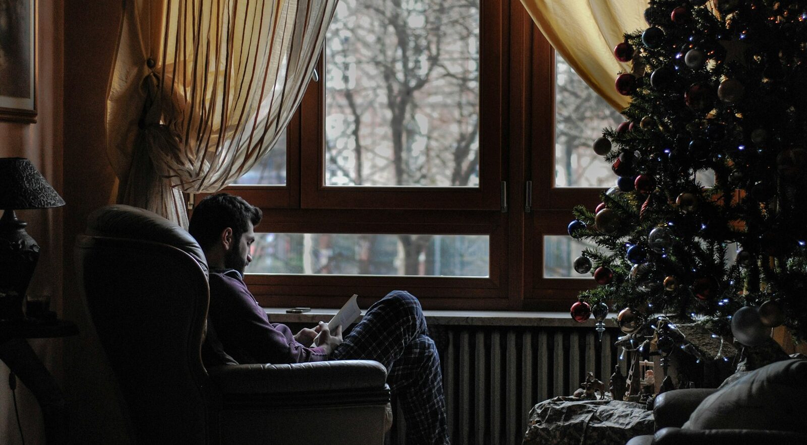 man sitting on sofa chair near Christmas tree