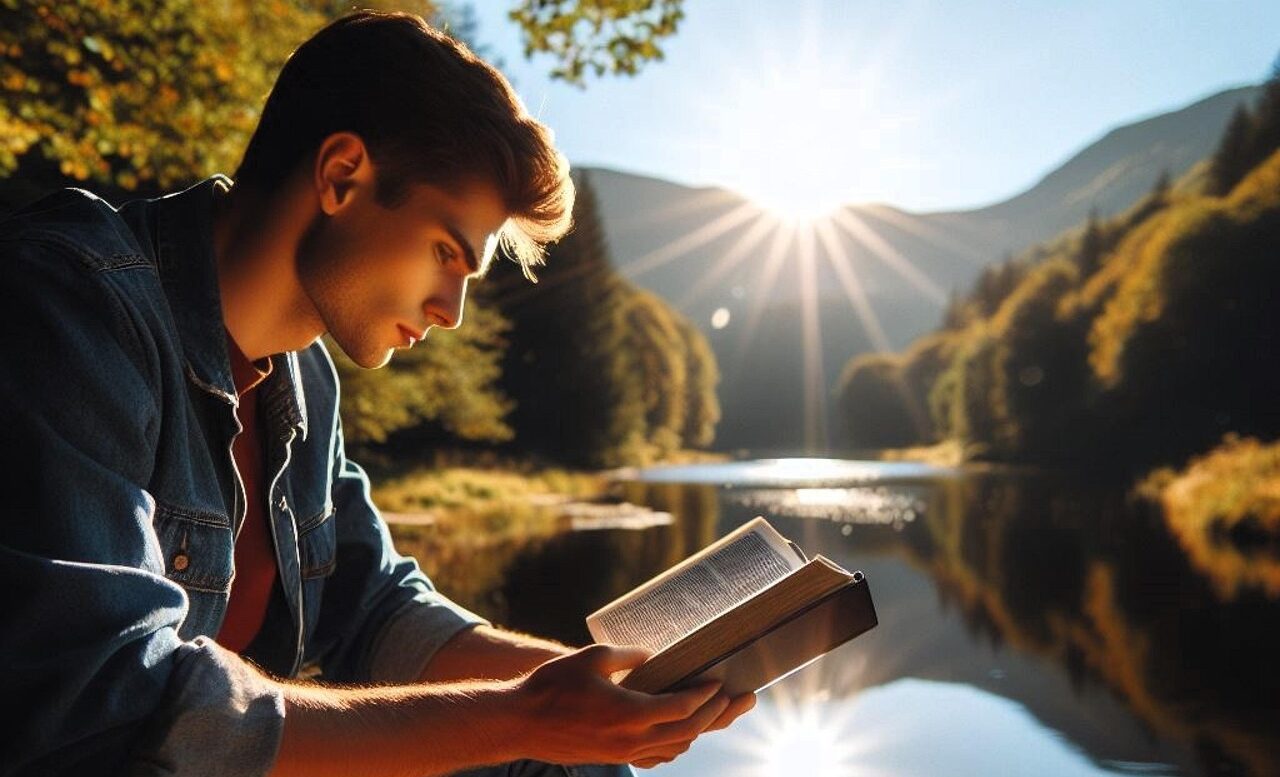 ai generated, man, bible, christian, christianity, religion, religious, nature, reading, study, studying, read, lake