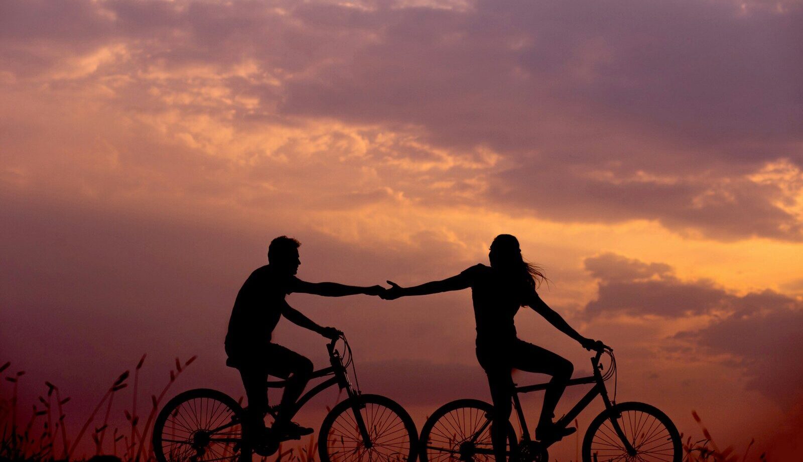 woman on bike reaching for man's hand behind her also on bike
