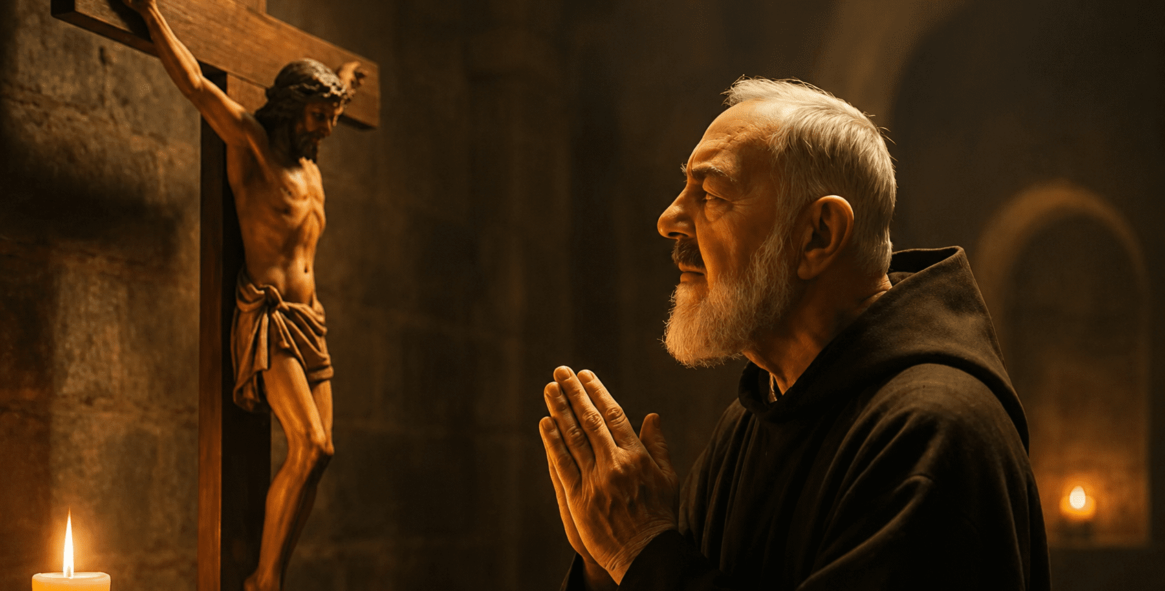 Sveti Padre Pio kleči u molitvi pred raspelom u tamnoj kapelici osvijetljenoj svijećama.