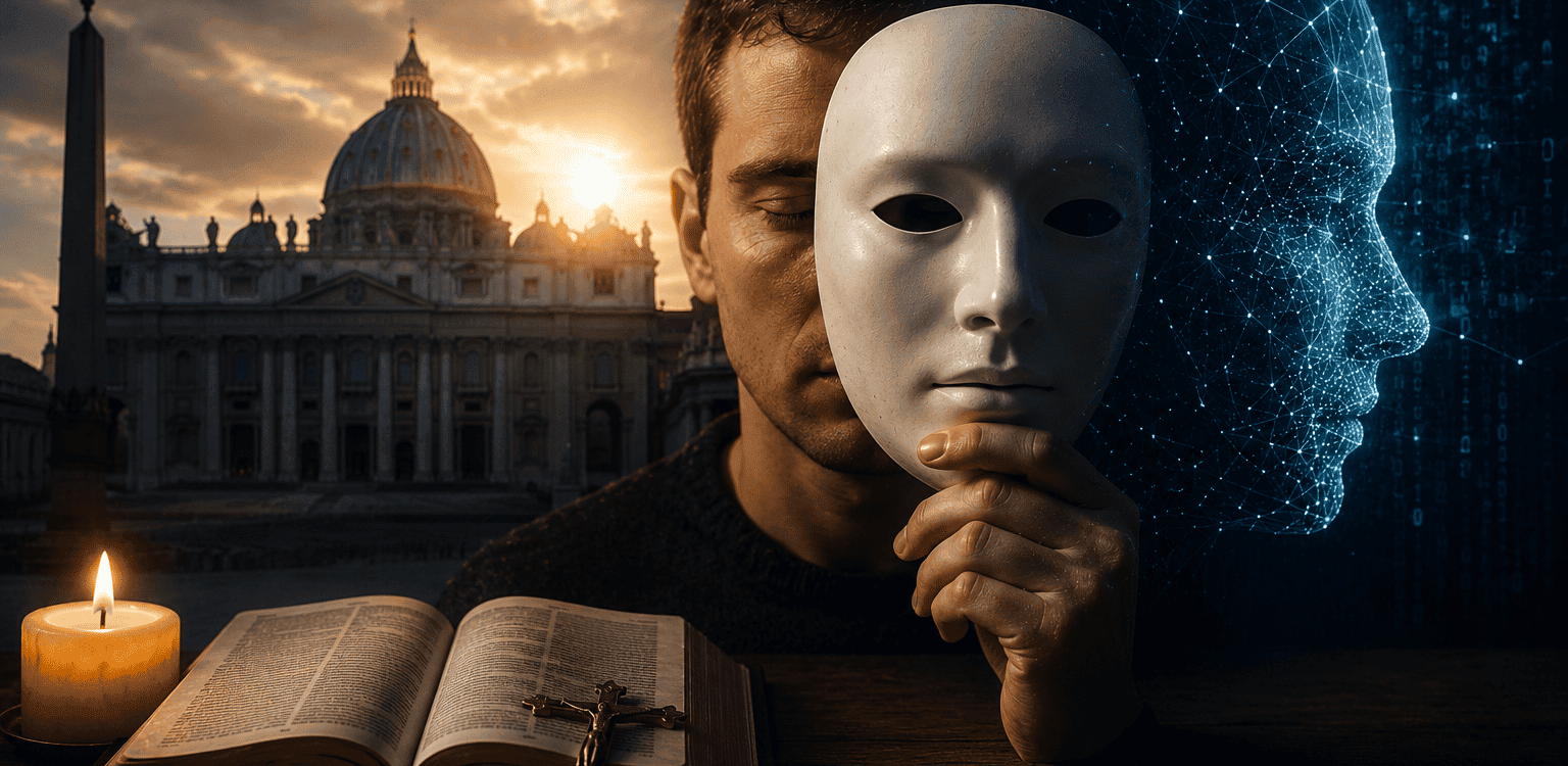 Prikaz umjetne inteligencije i ljudskog identiteta uz Vatikan, masku i otvorenu Bibliju