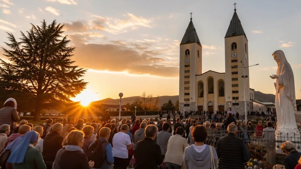 Hodočasnici okupljeni u molitvi ispred crkve sv. Jakova i Gospina kipa u Međugorju tijekom zalaska sunca