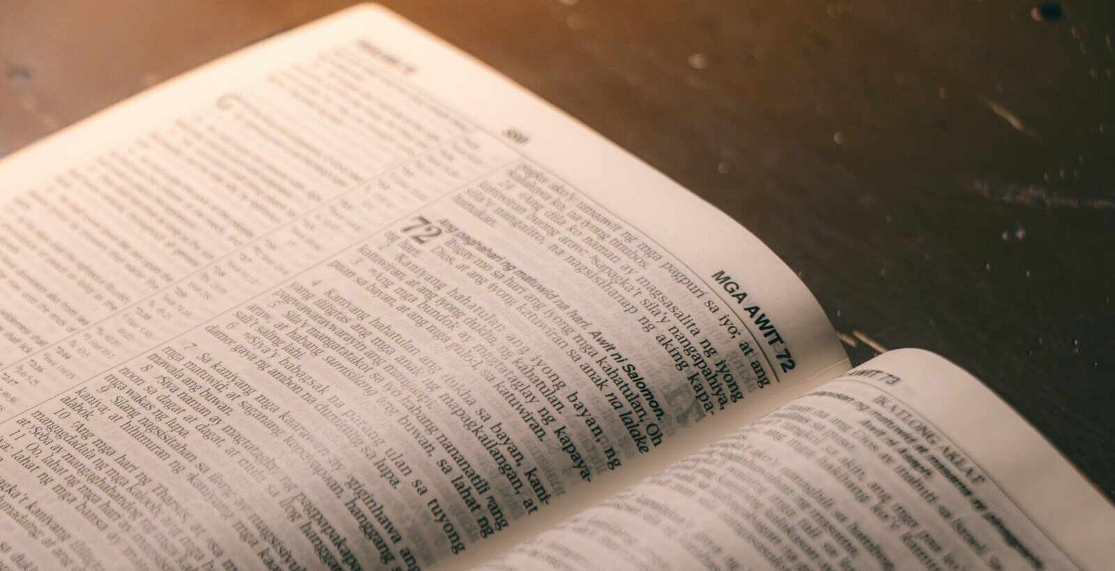 An open book lies on a wooden surface.