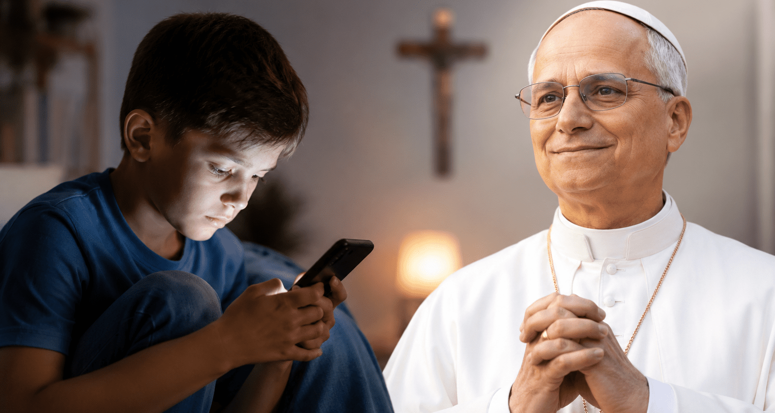 Dijete koristi mobitel dok Papa Lav XIV upozorava na opasnosti tehnologije.