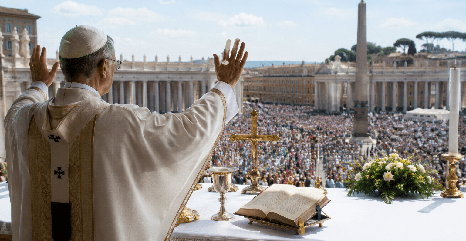 Papa blagoslivlja okupljene vjernike dok pred njim stoje otvorena Biblija i križ tijekom velikog liturgijskog slavlja