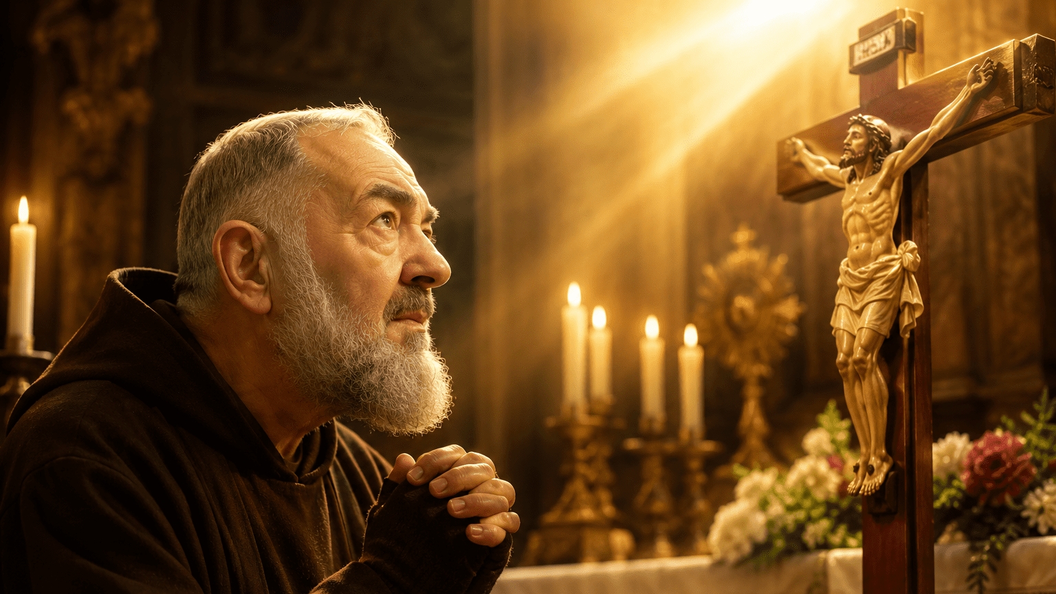 Sv. Padre Pio kleči u molitvi pred raspelom dok zlatna svjetlost obasjava crkvu i stvara mirnu duhovnu atmosferu.