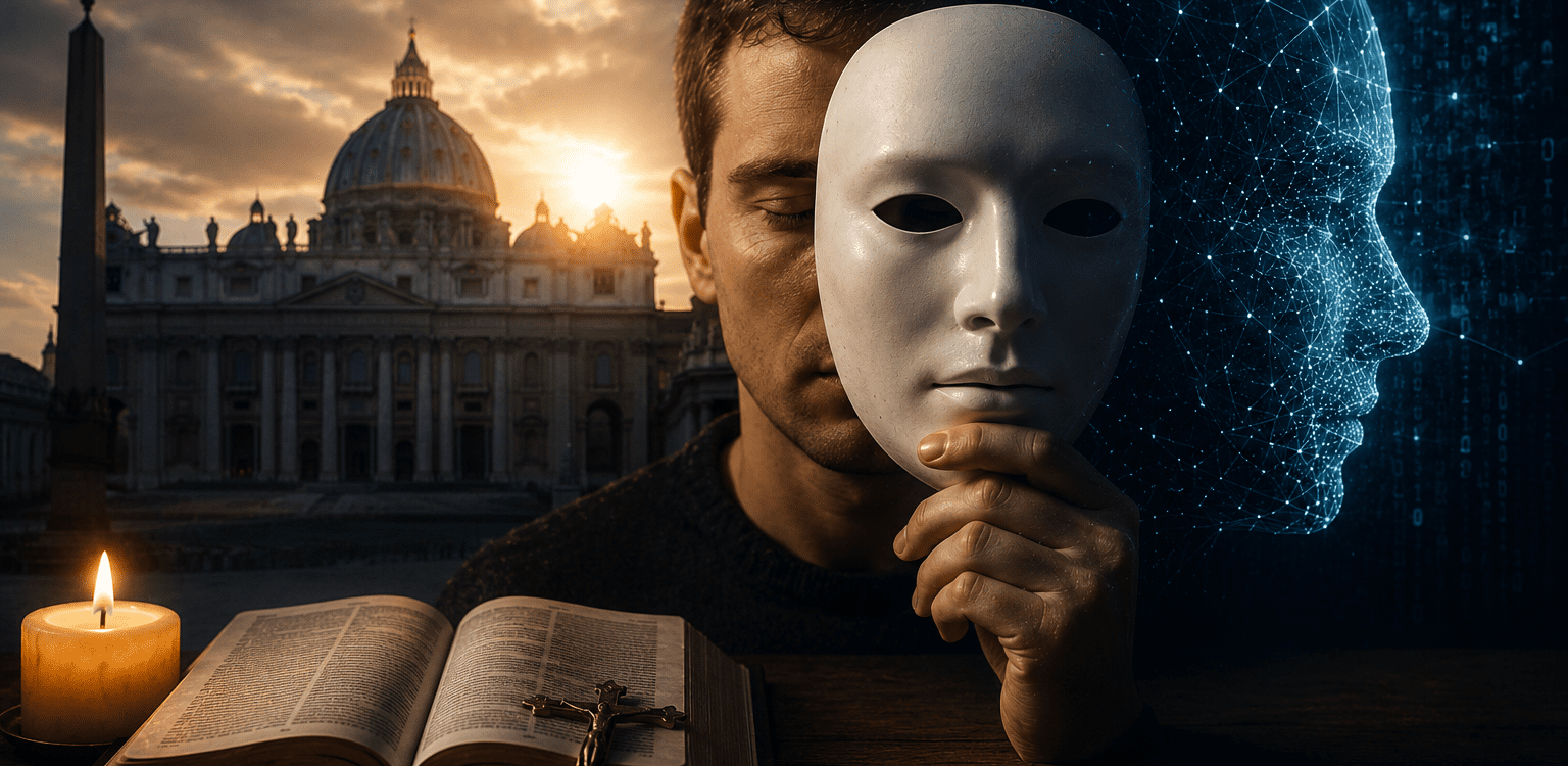 Prikaz umjetne inteligencije i ljudskog identiteta uz Vatikan, masku i otvorenu Bibliju