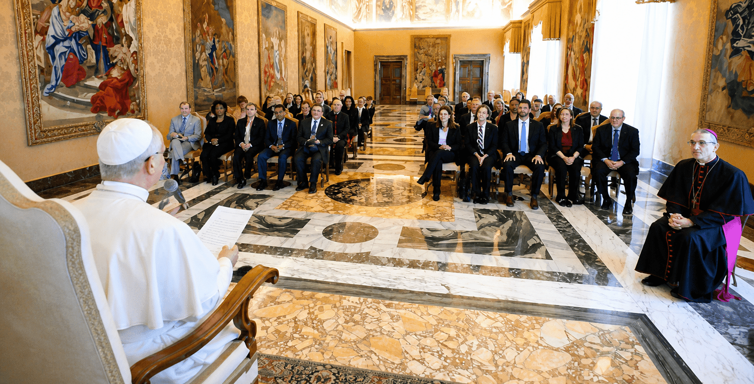 Papa Lav XIV. govori pred okupljenima u dvorani