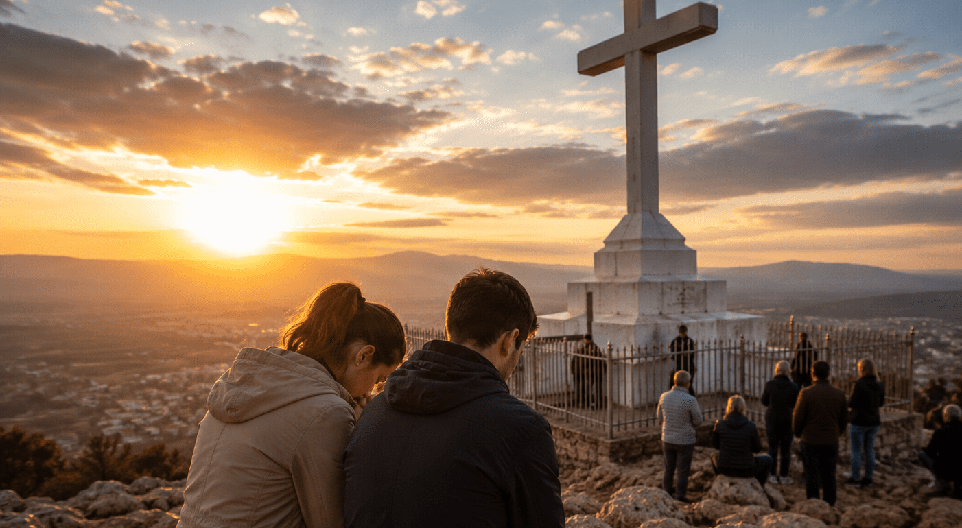 Bračni par u molitvi na Križevcu u Međugorju tijekom zalaska sunca, dok se u pozadini uzdiže veliki bijeli križ.