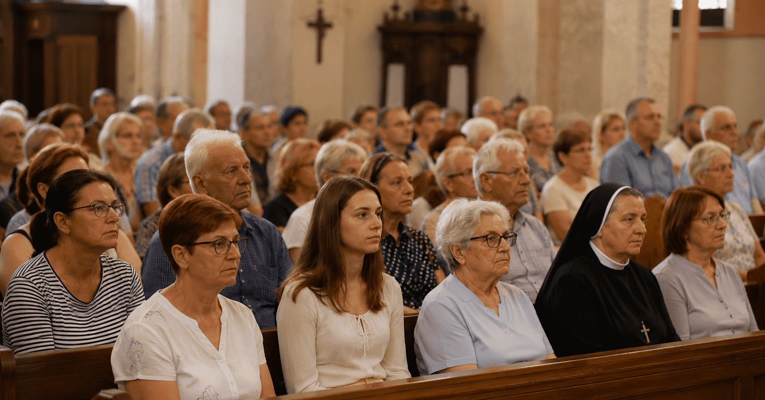 Vjernici sjede u crkvenim klupama tijekom svete mise i pažljivo slušaju propovijed u ozračju molitve i sabranosti.