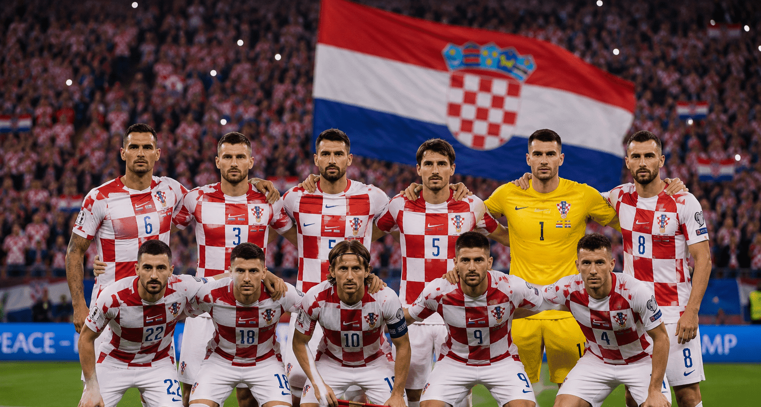 Hrvatska nogometna reprezentacija pozira na stadionu ispred velike hrvatske zastave dok navijači u pozadini pružaju podršku Vatrenima.