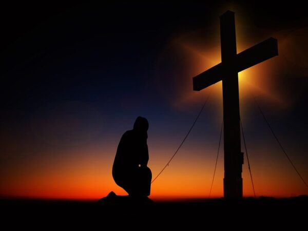cross, sunset, humility, devotion, silhouette, human, kneeling, knee, pray, worships, prayer, faith, religion, church, symbol, clouds, heaven, christian, crucifixion, quiet, immersion, jesus christ, meditation, jesus, nature, christ, christianity, black, figure