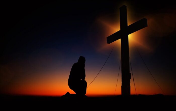 cross, sunset, humility, devotion, silhouette, human, kneeling, knee, pray, worships, prayer, faith, religion, church, symbol, clouds, heaven, christian, crucifixion, quiet, immersion, jesus christ, meditation, jesus, nature, christ, christianity, black, figure