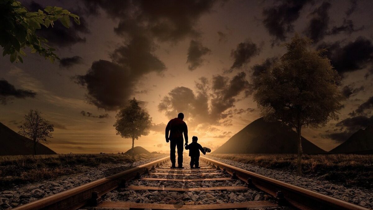 father and son, walking, railway, railroad, gravel, silhouettes, sunset, family, dusk, twilight, walking together, parent, fatherhood, parenthood, love, child, joy, childhood, father, boy, kid, together, railroad tracks, nature, adventure