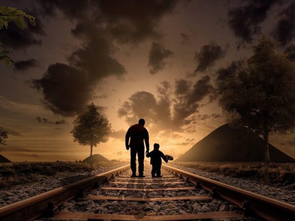 father and son, walking, railway, railroad, gravel, silhouettes, sunset, family, dusk, twilight, walking together, parent, fatherhood, parenthood, love, child, joy, childhood, father, boy, kid, together, railroad tracks, nature, adventure
